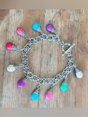 Silver Charm Bracelet with Multicolor Stone Drops